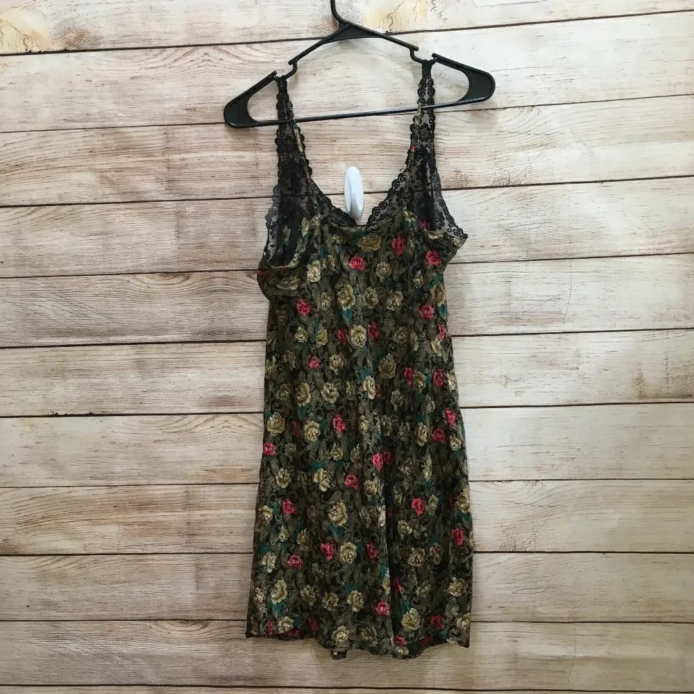VINTAGE SILKSCREEN 100% SILK CHEMISE WITH PANTIES IN BLACK FLORAL‎ - Picture 7 of 11